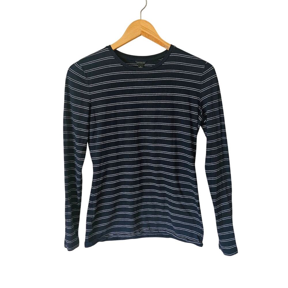 Ann Taylor Long Sleeve Crew Neck Tee Navy Blue White Horizontal Stripes, S